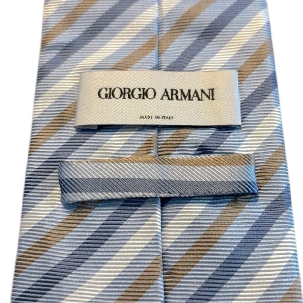 Giorgio Armani 100% Silk Diagonal Striped Necktie Blue White & Tan